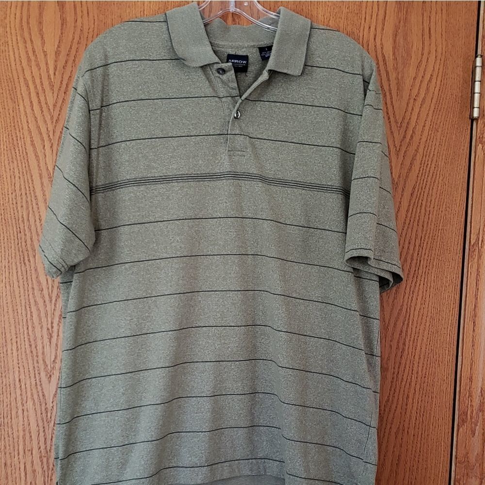 Arrow Olive Green Striped Polo Shirt Sz L